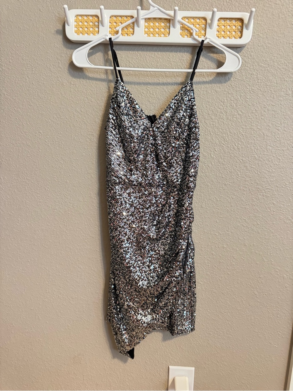 Silver Sequin Mini Slip Dress with Spaghetti Straps